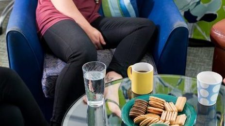 women sitting around a coffee table