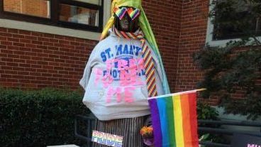 Students protested on campus by dressing up a statue of a nun