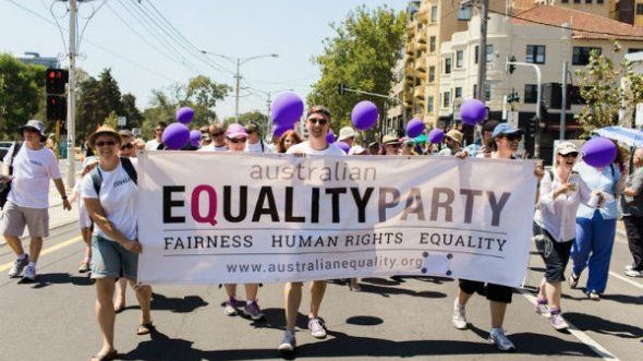 Australian-Equality-Party-holding banner during a march-lotl