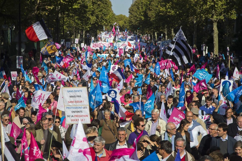 Demonstrators march with flags and placards during a rally to protest gay marriage in Paris, Sunday, Oct. 16, 2016. Thousands of people have marched in Paris to call for the repeal of a law allowing gay marriage, six months before France's next presidential election.