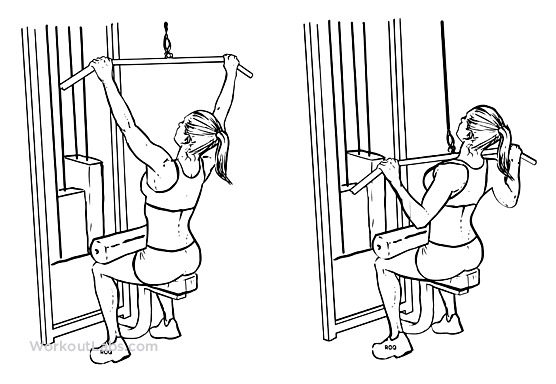scetch of woman using pull down exercise machine 