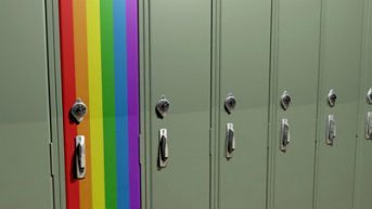 lockers with one in rainbow colours