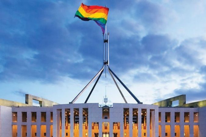 Australian Parliament House in Canberra with Rainbow flag