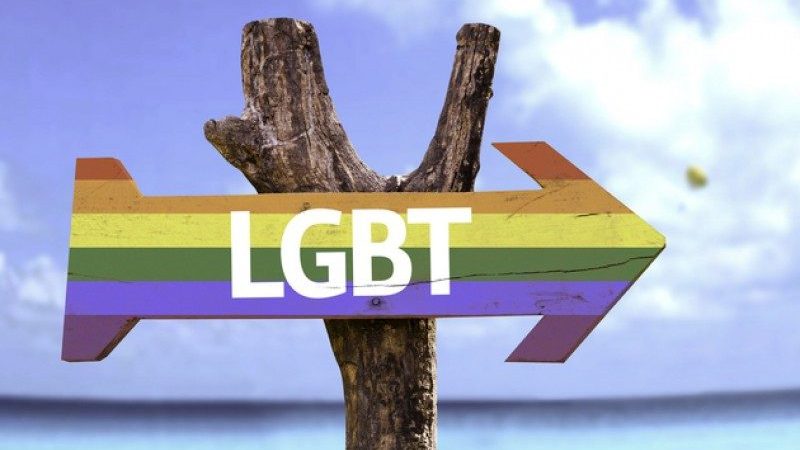 Wooden sign in rainbow colours and word LGBT