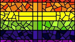 Rainbow Mosaic Window with christian cross